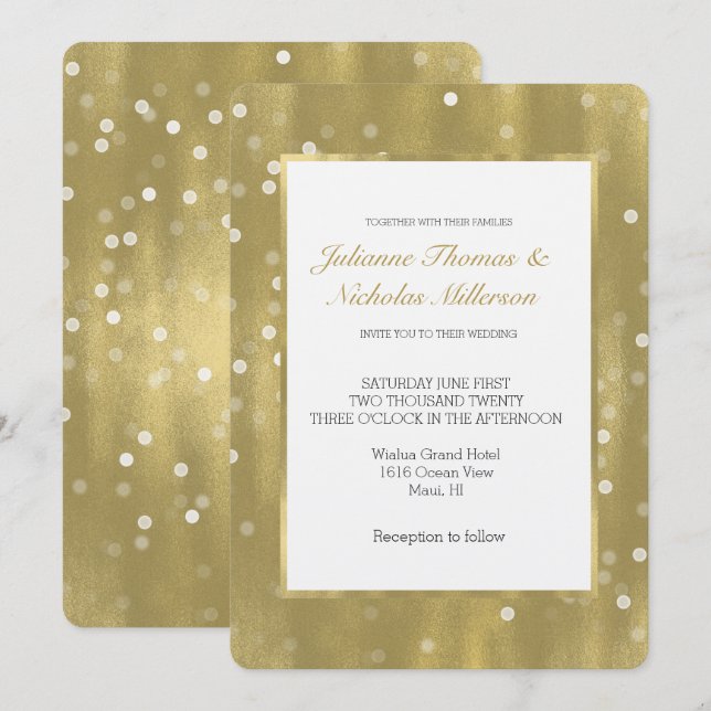 Dreamy Gold und White Confetti Bokeh Wedding Einladung (Vorne/Hinten)