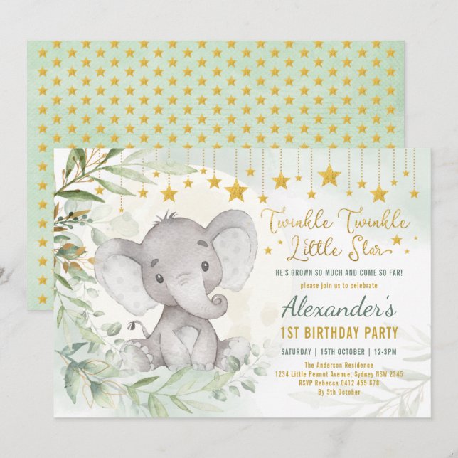 Dreamy Greenerie Moon & Stars Elefant 1. Geburtsta Einladung (Vorne/Hinten)