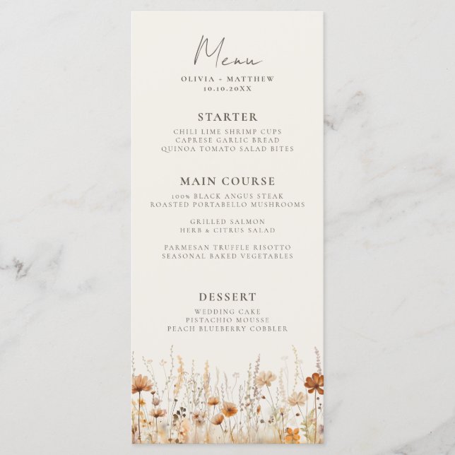 Dreamy Herbst Wildblume Hochzeit Menükarte (Vorderseite)