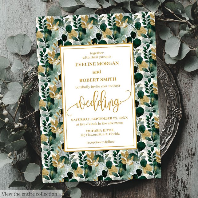 Dreamy Hunter Green Gold Greenerity Wedding Einlad Einladung (Dreamy Hunter Green Gold Greenery Wedding Invite)