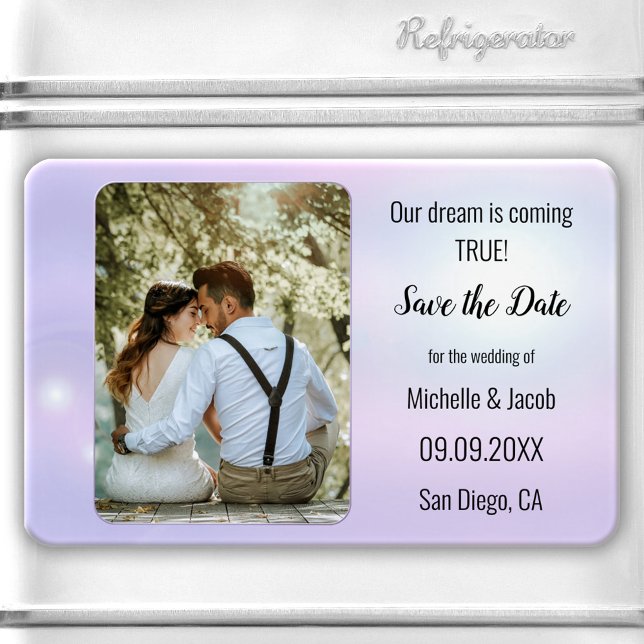 Dreamy Lilac Blue Lights Foto Save the Date Magnet (Save the Date magnet featuring your own photo framed by a romantic dreamy lilac blue lights design.)