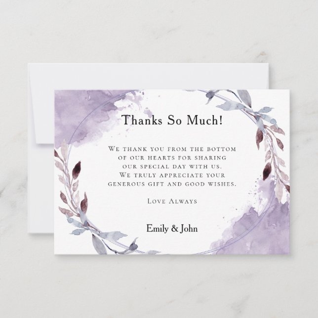 Dreamy Lilac Gray Leafy Wasserfarben/Foto Hochzeit Dankeskarte (Vorderseite)