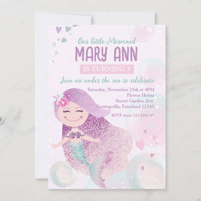 Dreamy Little Mermaid Princess Birthday Einladung (Vorderseite)