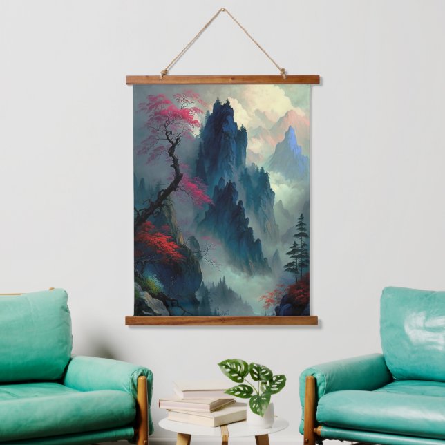 Dreamy Misty Mountain Landschaftscape Tapesta Wandteppich Mit Holzrahmen (Wohnzimmer)