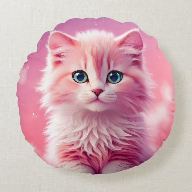 Dreamy Niedlich Fluffy Pink Kitty Cat Rundes Kissen (Vorderseite)