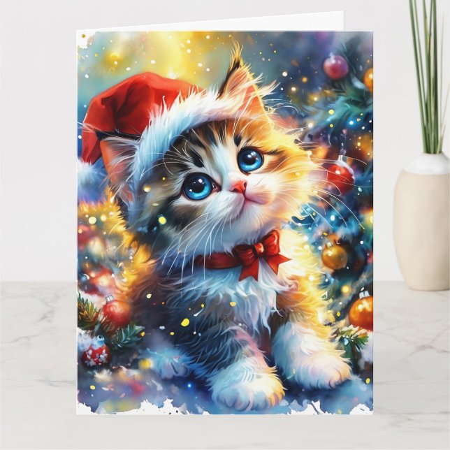Dreamy Niedlich Kitten Weihnachts Wasserfarbe Karte (Vorderseite)