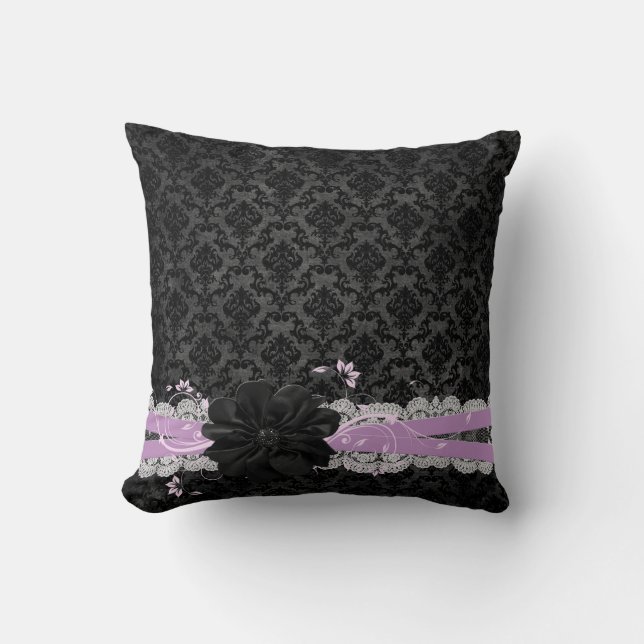 Dreamy Night Black Blume Damask Kissen (Vorderseite)