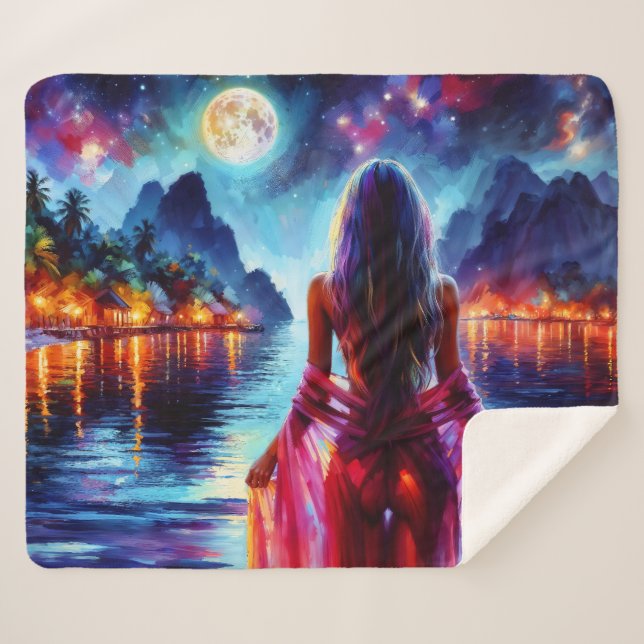 Dreamy ocean beach girl with moon and lights sherpadecke (Vorderseite (Horizontal))