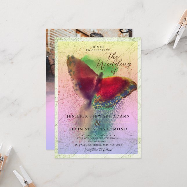Dreamy Ombre Butterfly Foto Overlay Wedding Einladung (Vorderseite/Rückseite Beispiel)