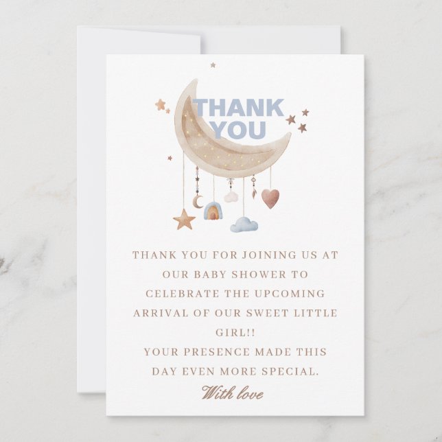 Dreamy Over the Moon Blue Babydusche Dankeskarte (Vorderseite)