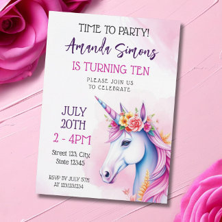 Dreamy Pastel Floral Unicorn Girl 10th Birthday Einladung