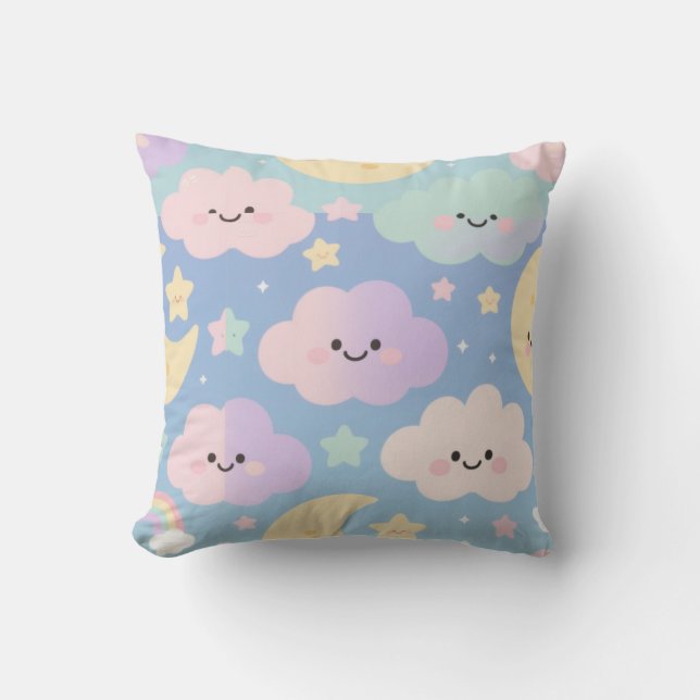 Dreamy Pastel Sky – Cute Cartoon Clouds & Moons Th Kissen (Vorderseite)