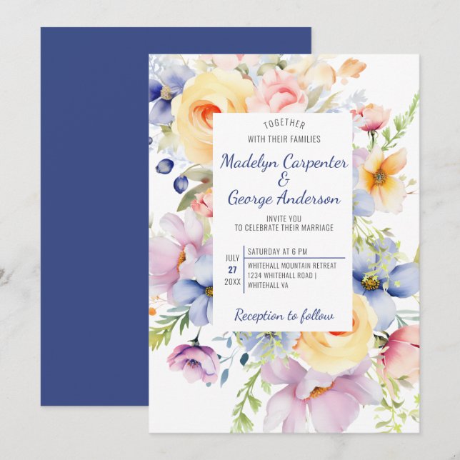 Dreamy Pastel Watercolor Florals Wedding Einladung (Vorne/Hinten)