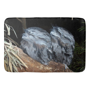 "Dreamy Perch: Sleepy Tawny Frogmouth Owls" Badematte