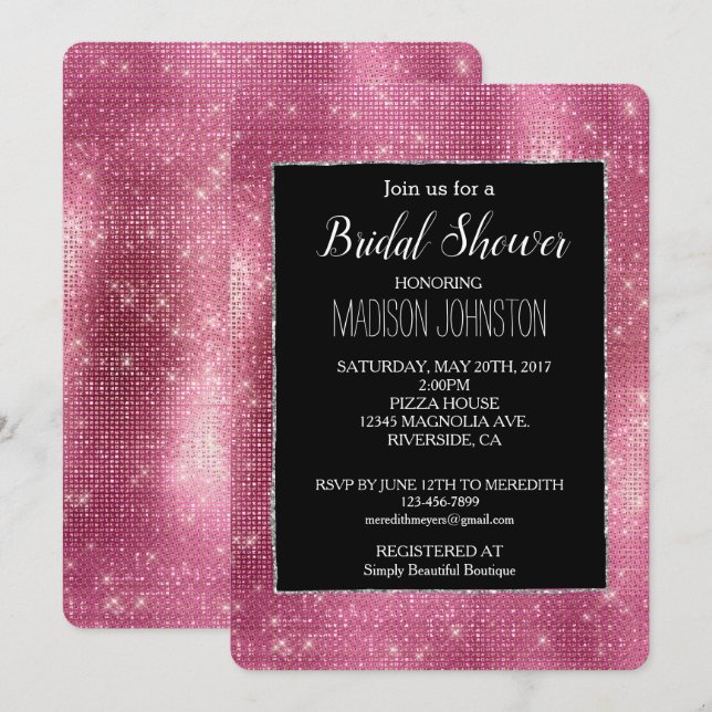 Dreamy Pink Black Glitzy Silver Sparkle Bridal Einladung (Vorne/Hinten)