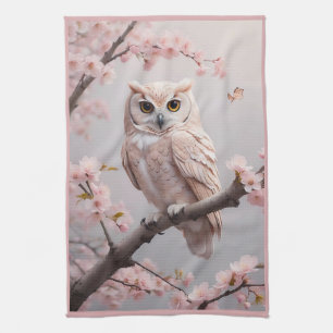 Dreamy Pink Cherry Blüten Owl Geschirrtuch