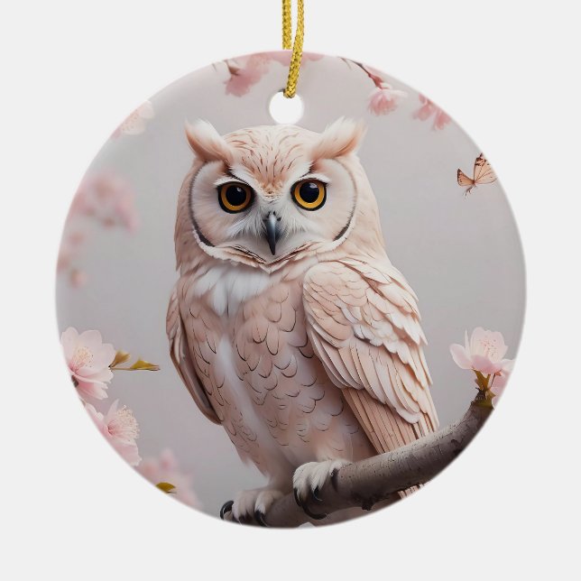 Dreamy Pink Cherry Blüten Owl Keramik Ornament (Vorne)