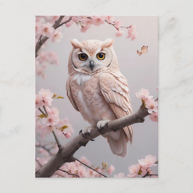 Dreamy Pink Cherry Blüten Owl Postkarte (Vorderseite)