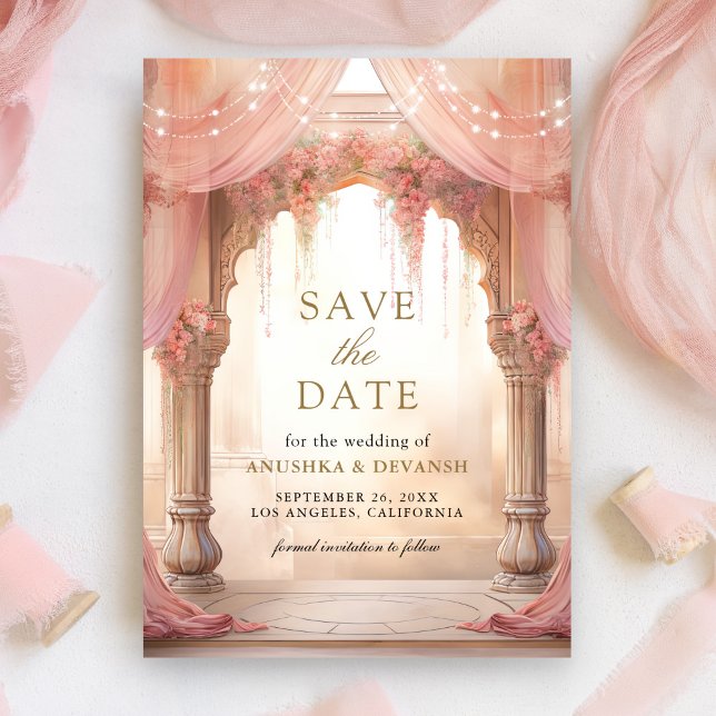 Dreamy Pink Floral Indian Mandap Hindu Wedding Save The Date (Von Creator hochgeladen)