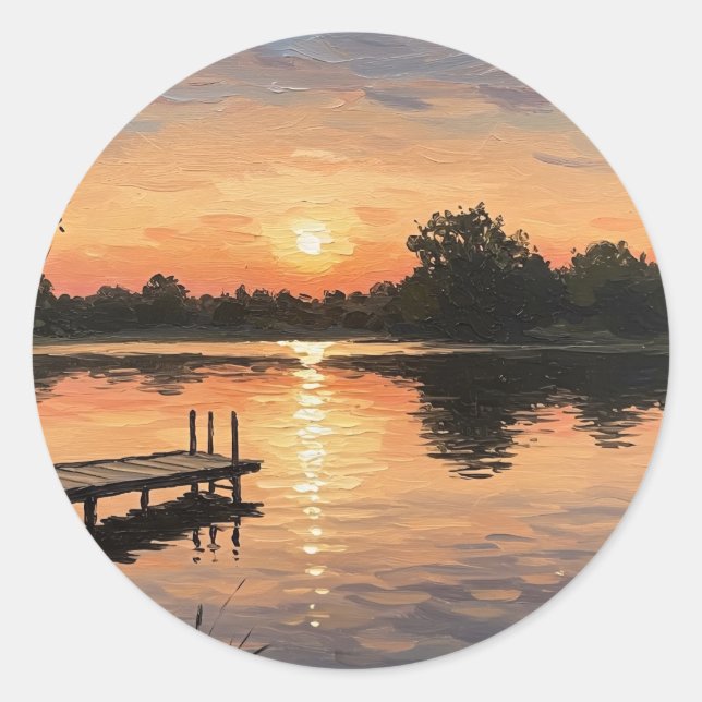 Dreamy Pink Lake Sunset Dock Moment Runder Aufkleber (Vorderseite)