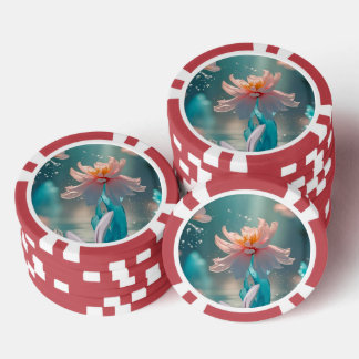 Dreamy Pink Lotus and Butterfly in Aqua Water Pokerchips
