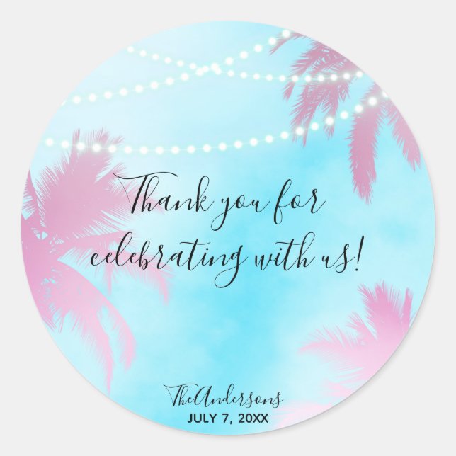 Dreamy Pink Palm Trees & Blue Sky String Lights Runder Aufkleber (Vorderseite)