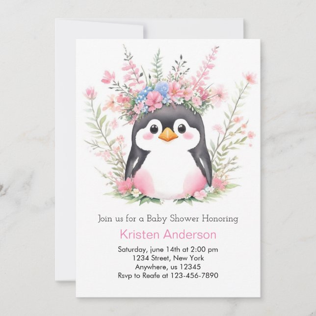 Dreamy Pink Pinguin Delightful Girl Baby Dusche Einladung (Vorderseite)