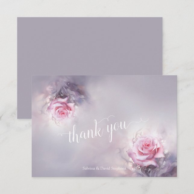 Dreamy Pink Rose auf Dusty Lilac Dankeskarte (Vorne/Hinten)