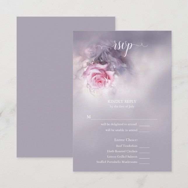 Dreamy Pink Rose auf Dusty Lilac Meal Choice RSVP Karte (Vorne/Hinten)