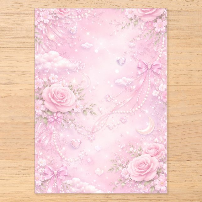 Dreamy Pink Rose Floral Pearls Bows Sparkle Pastel Acryleinladungen (Vorderseite)