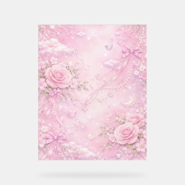 Dreamy Pink Rose Floral Pearls Bows Sparkle Pastel Acrylschild (Vorderseite)