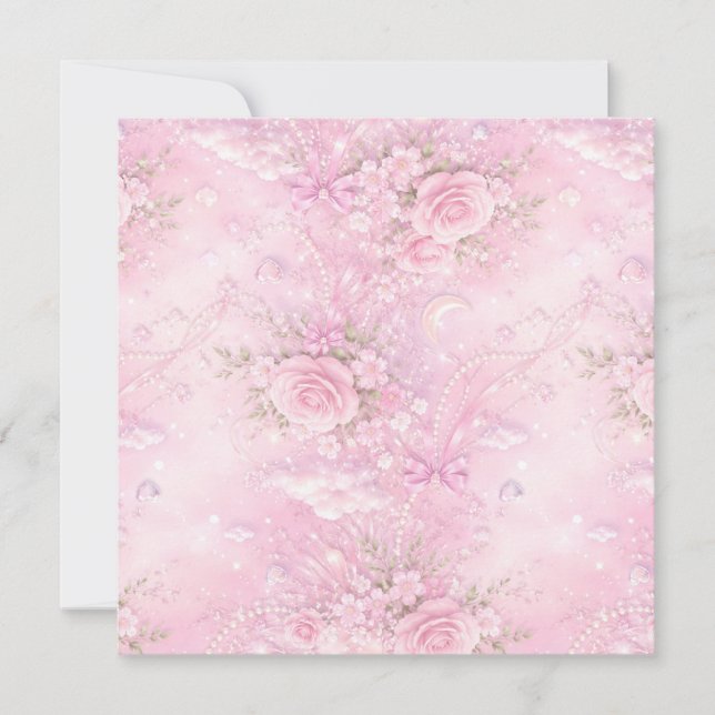 Dreamy Pink Rose Floral Pearls Bows Sparkle Pastel Dankeskarte (Vorderseite)