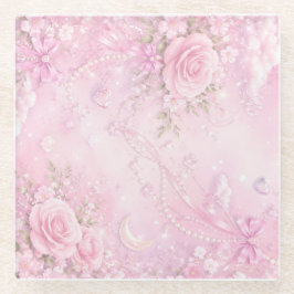 Dreamy Pink Rose Floral Pearls Bows Sparkles Glasuntersetzer