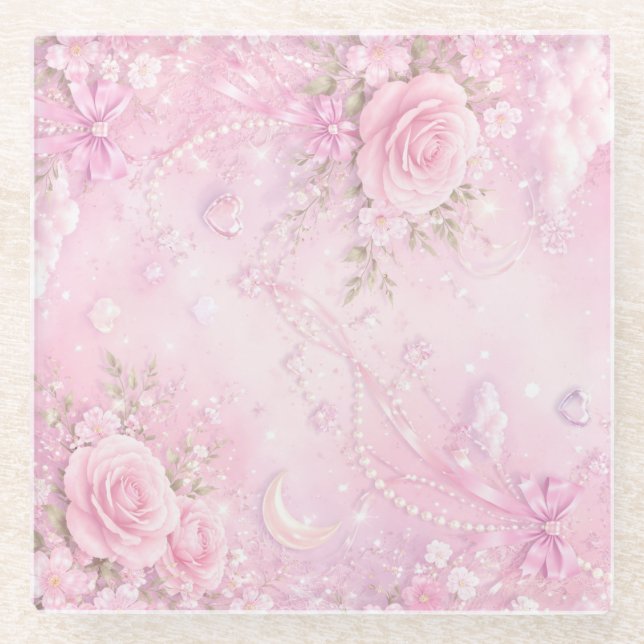 Dreamy Pink Rose Floral Pearls Bows Sparkles Glasuntersetzer (Vorderseite)