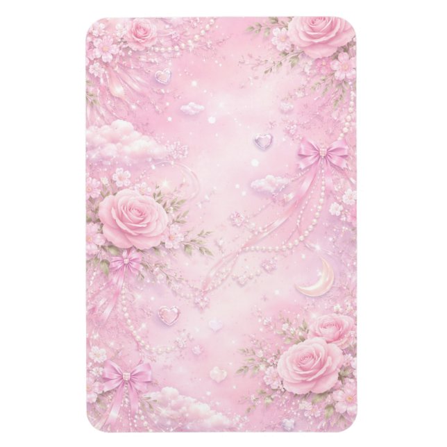 Dreamy Pink Rose Floral Pearls Bows Sparkles Magnet (Vertikal)
