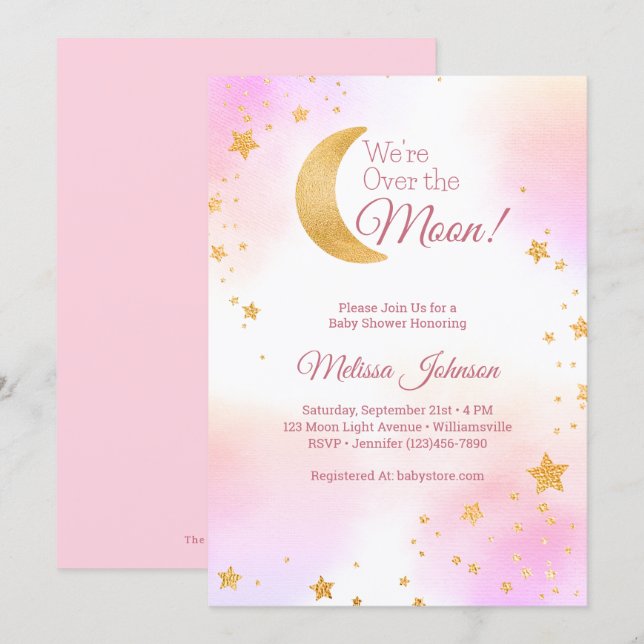 Dreamy Pink Wir sind über der Mond Girl Babydusche Einladung (Vorne/Hinten)