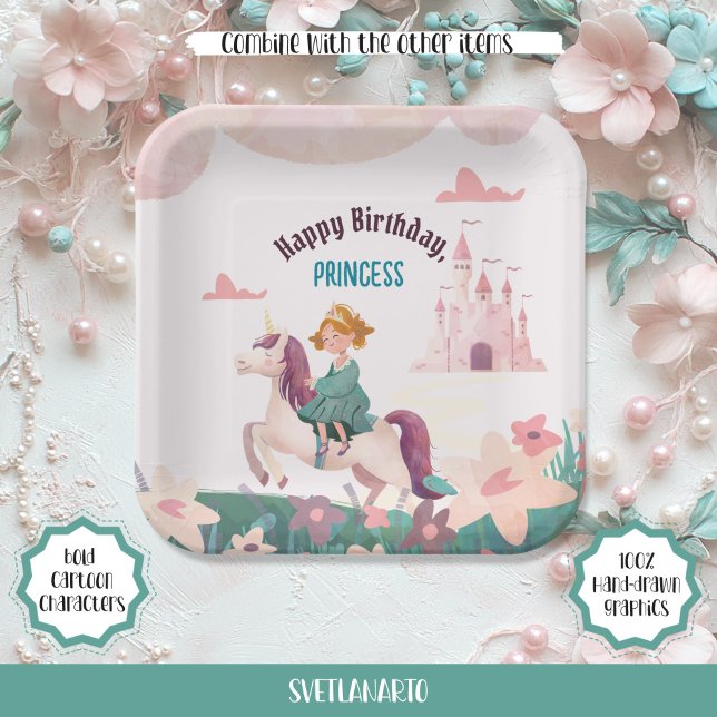 Dreamy Princess Riding Unicorn Square Papierplatte Pappteller (Von Creator hochgeladen)