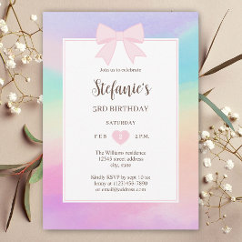 Dreamy Rainbow Watercolor Pink Bow Girl Birthday Einladung