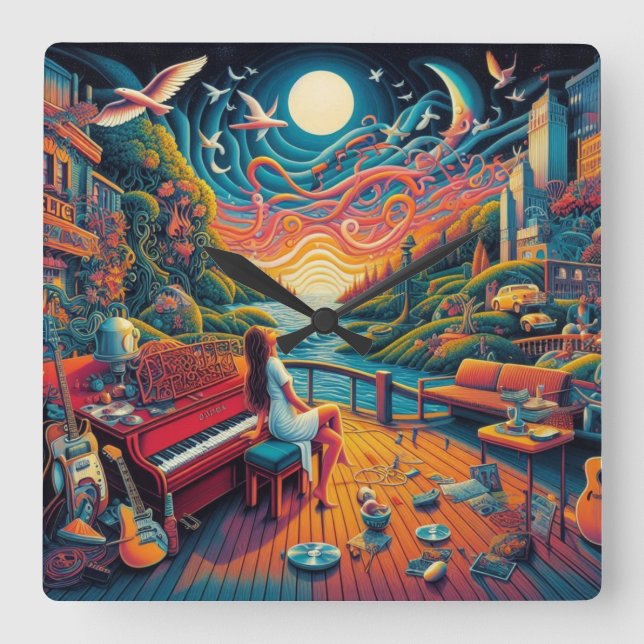 Dreamy Riverfront Harmonie Quadratische Wanduhr (Vorderseite)