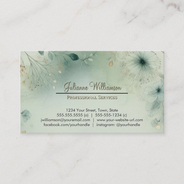 Dreamy Sage Green & Gold Watercolor Botanical Visitenkarte (Vorderseite)