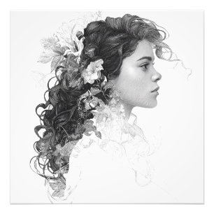 Dreamy Schwarz-weiß Floral Hair Portrait Fotodruck