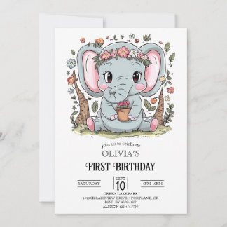 Dreamy Simple Elephant 1. Geburtstag digital Einladung