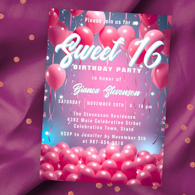Dreamy Sky Pink Balloons Sweet 16 Birthday Party Einladung (Von Creator hochgeladen)