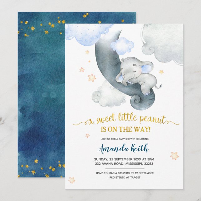 Dreamy Stars Blue Elephant Baby Shower Einladung (Vorne/Hinten)