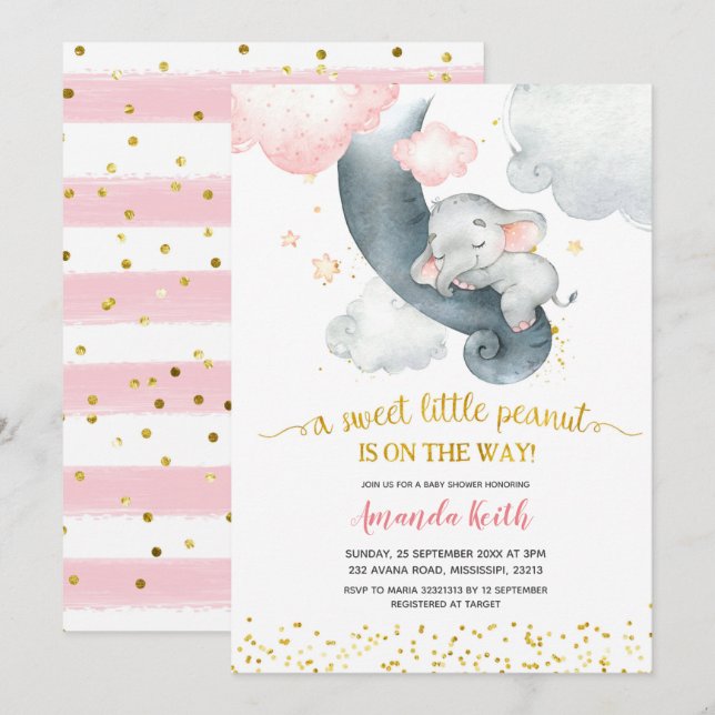 Dreamy Stars Pink Elephant Baby Dusche Einladung (Vorne/Hinten)
