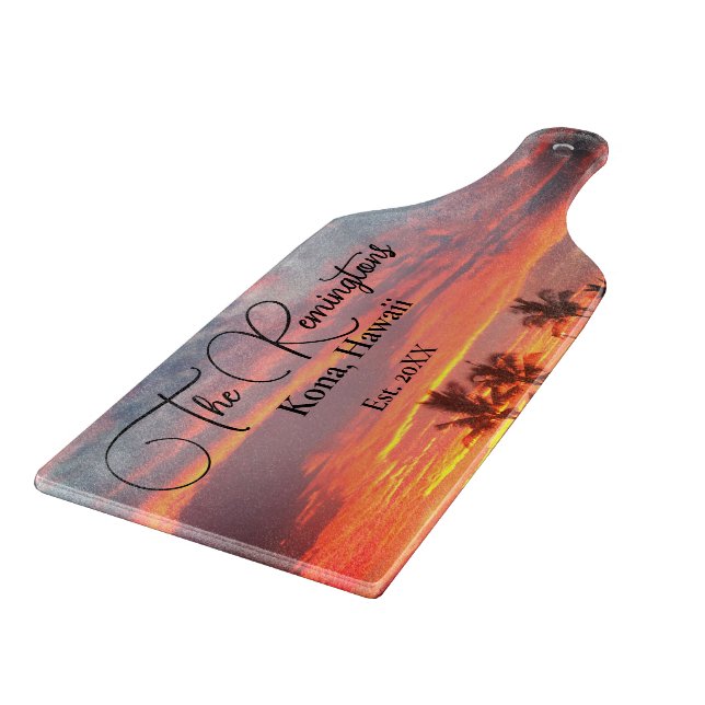 Dreamy Tropical Sunset Family Name Schneidebrett (Ecke)