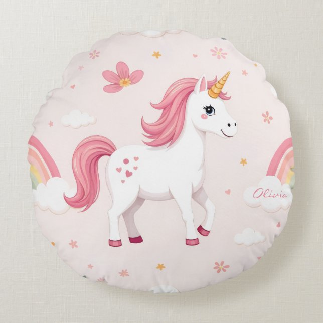 Dreamy Unicorns, Regenbogen, Blume, Niedlich Rundes Kissen (Vorderseite)