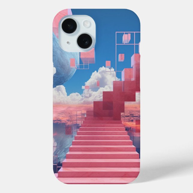 Dreamy Vaporwave Staircase iPhone 15 Case (Rückseite)