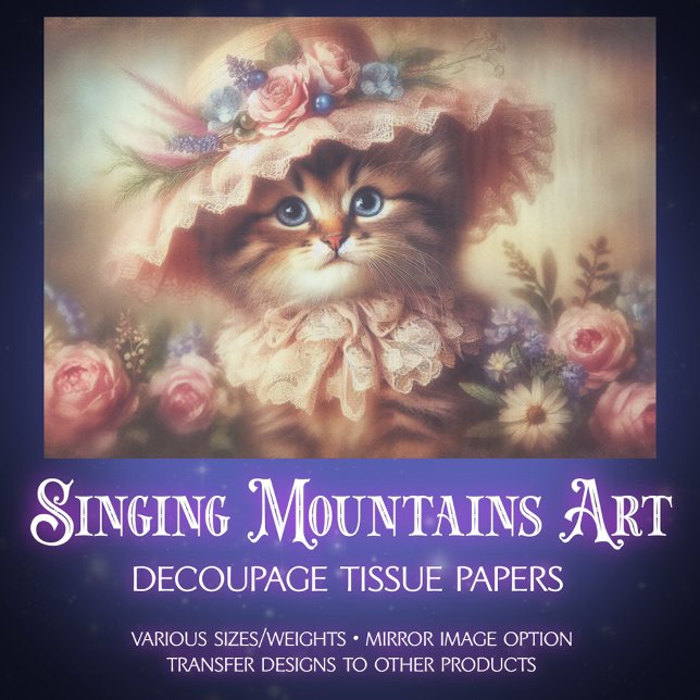 Dreamy Victorian Cat in Floral Hat Decoupage Seidenpapier (Von Creator hochgeladen)