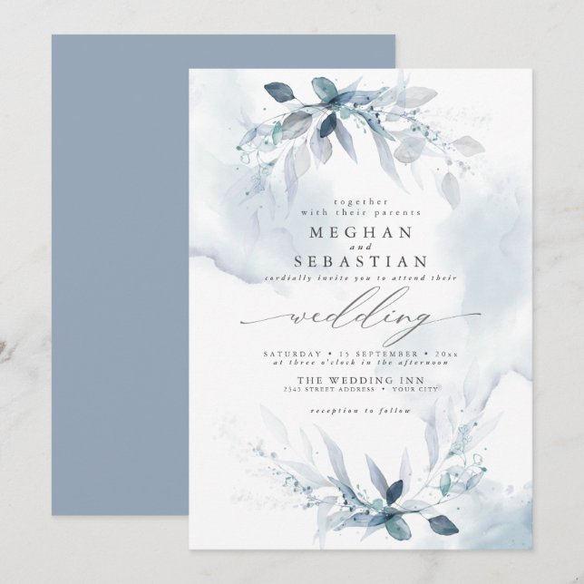 Dreamy Wedding Watercolor Dusty Blue Einladung (Vorne/Hinten)